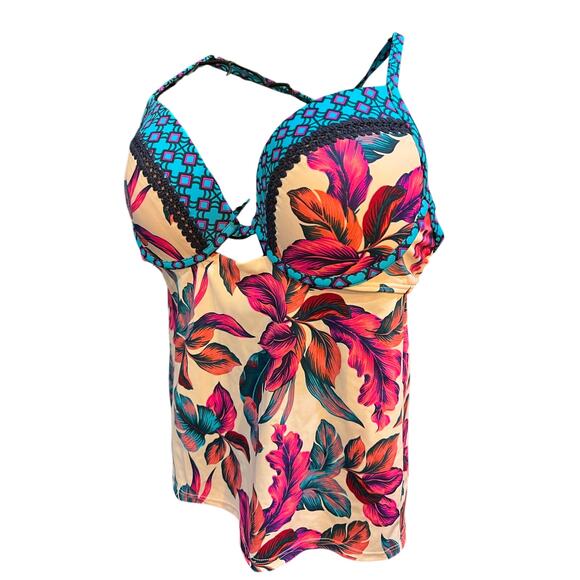 Shade & Shore 34C Teal Pink Aztec Print Underwire Tankini Swim Top - Picture 1 of 6